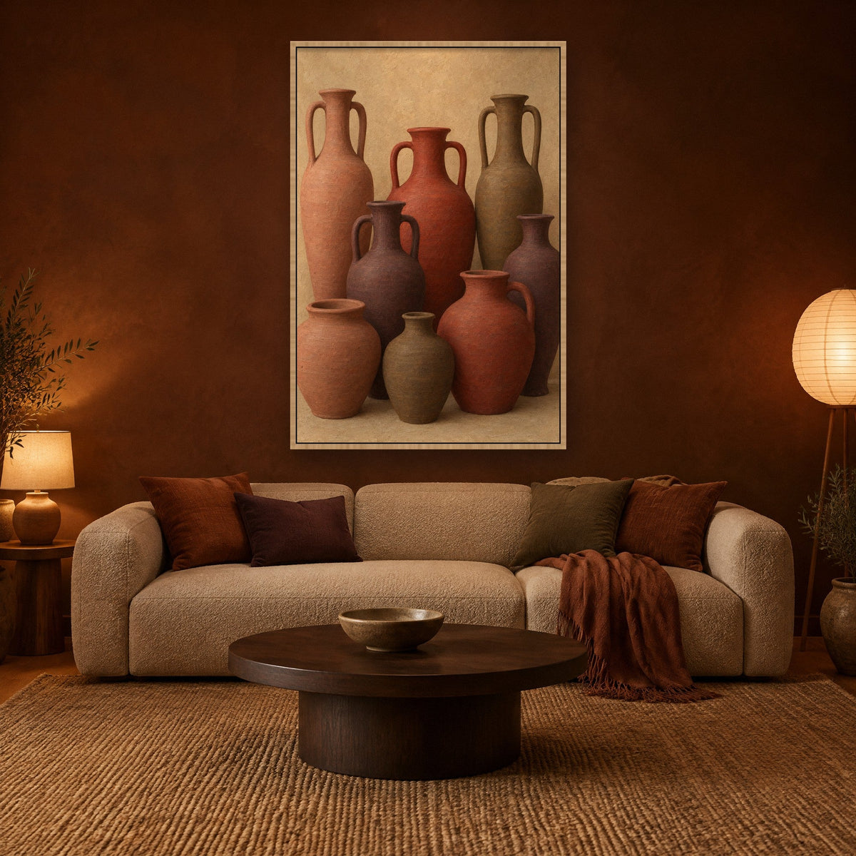 Terrakotta-Krüge in stillem Licht Wandbild mit Naturholzrahmen an der Wand im Wohnzimmer