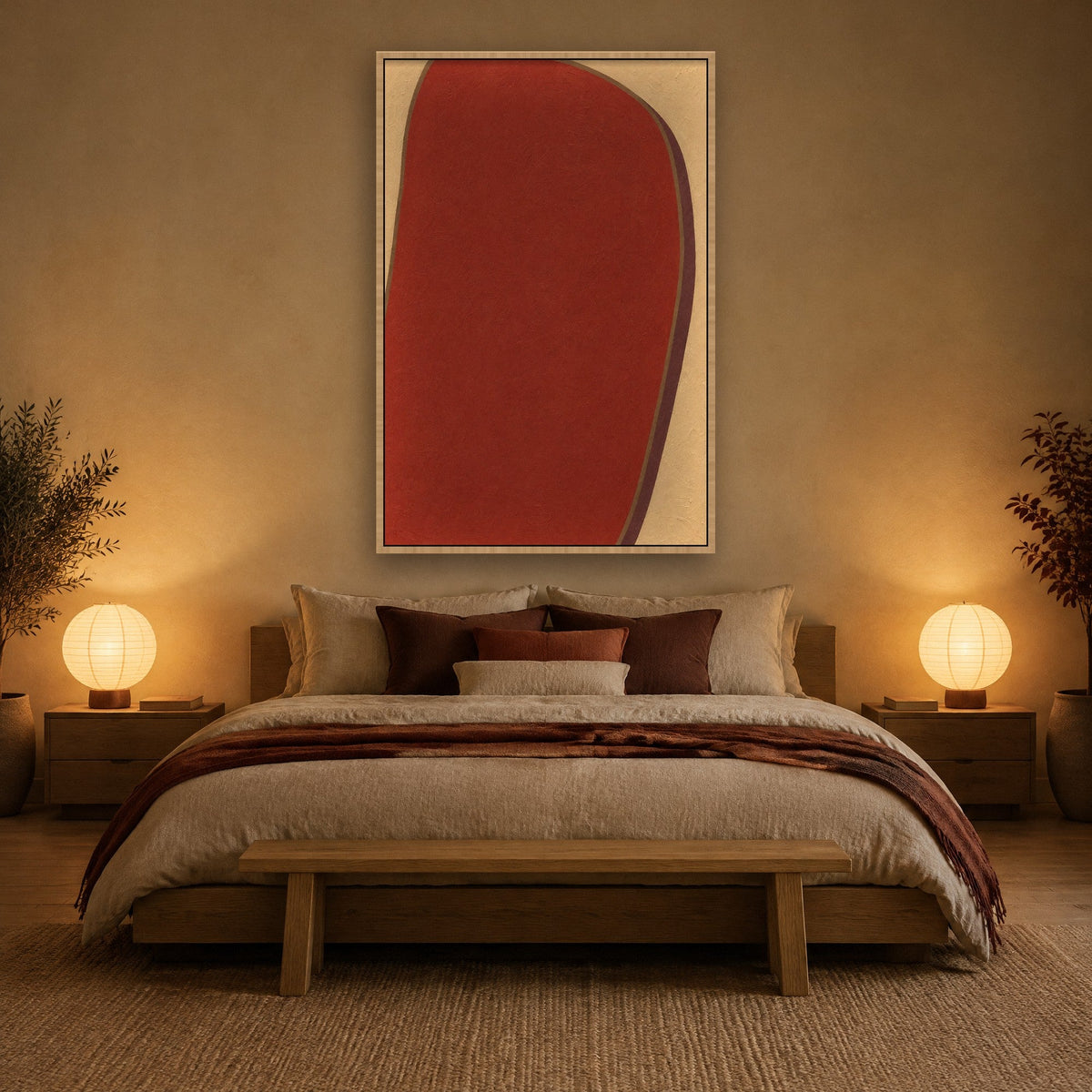 Roter Monolith auf Sand Wandbild mit Naturholzrahmen an der Wand im Schlafzimmer
