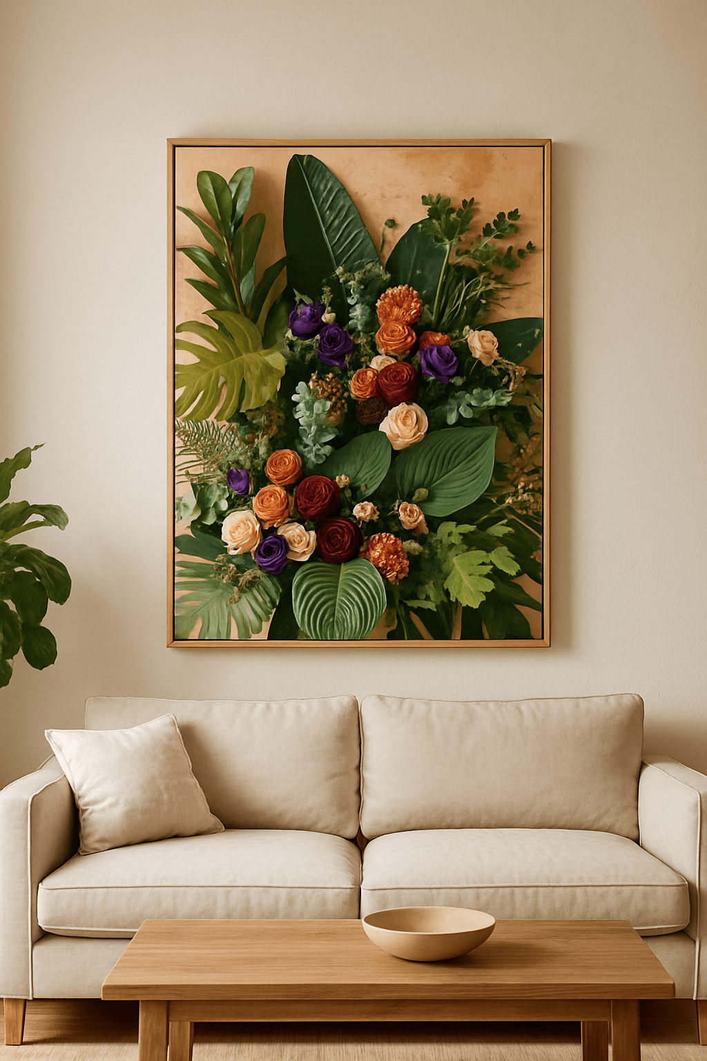 Bloemen en Bladeren Schilderij — sfeerbeeld in interieur