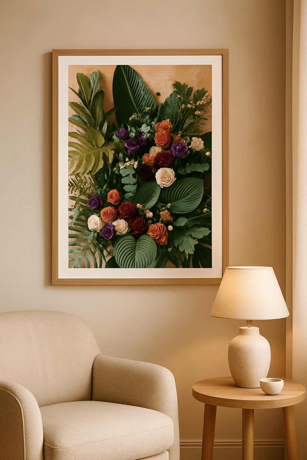 Bloemen en Bladeren Schilderij — sfeerbeeld in interieur