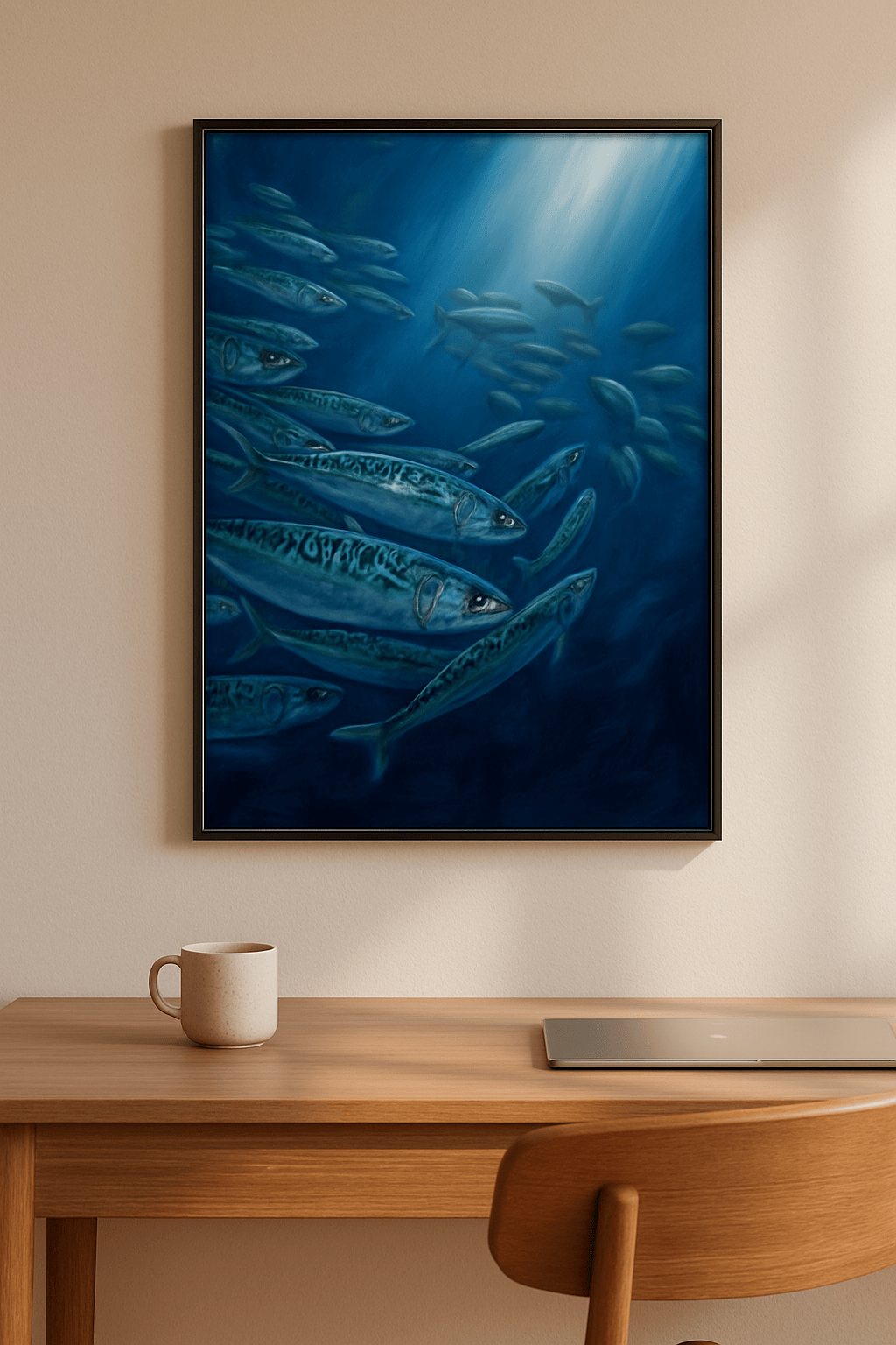 Neon Makrelen Schilderij — sfeerbeeld in interieur