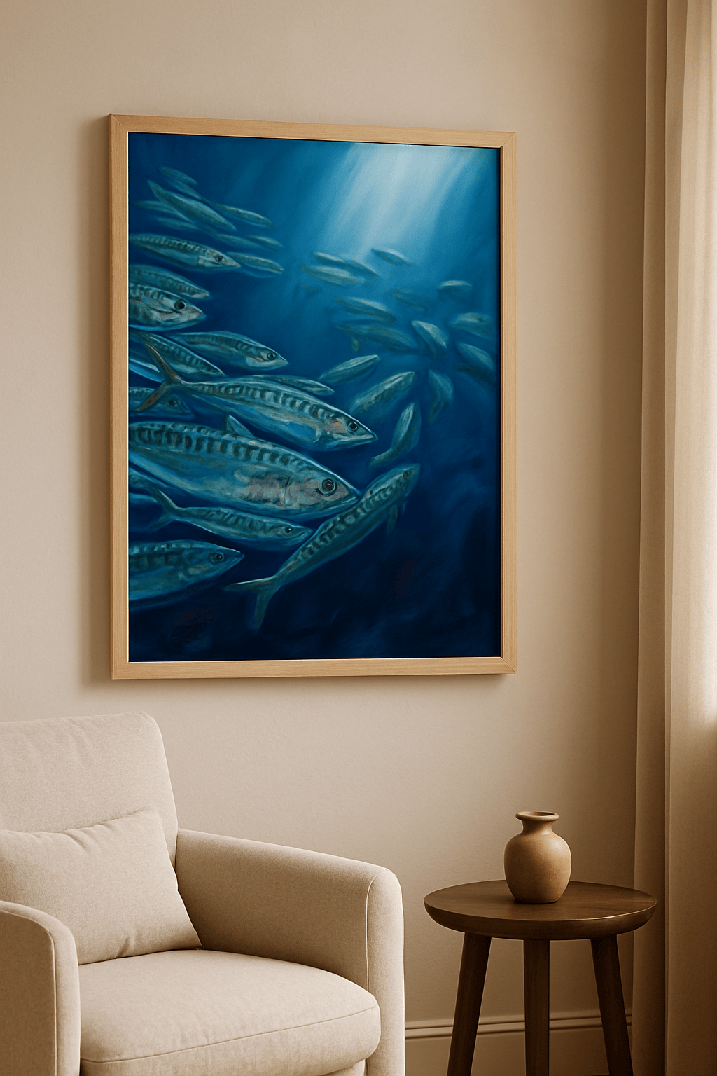 Neon Makrelen Schilderij — sfeerbeeld in interieur