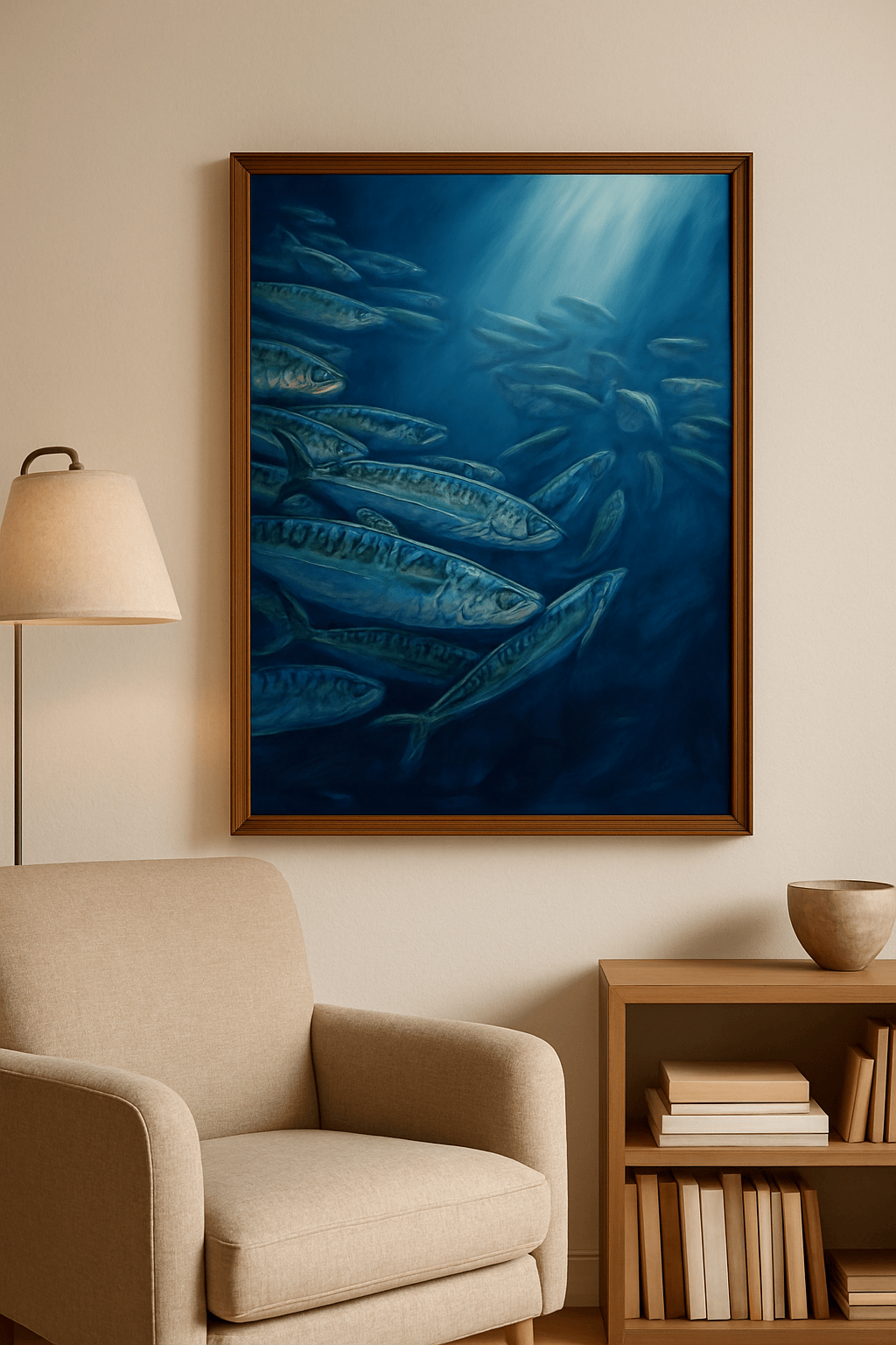 Neon Makrelen Schilderij — sfeerbeeld in interieur