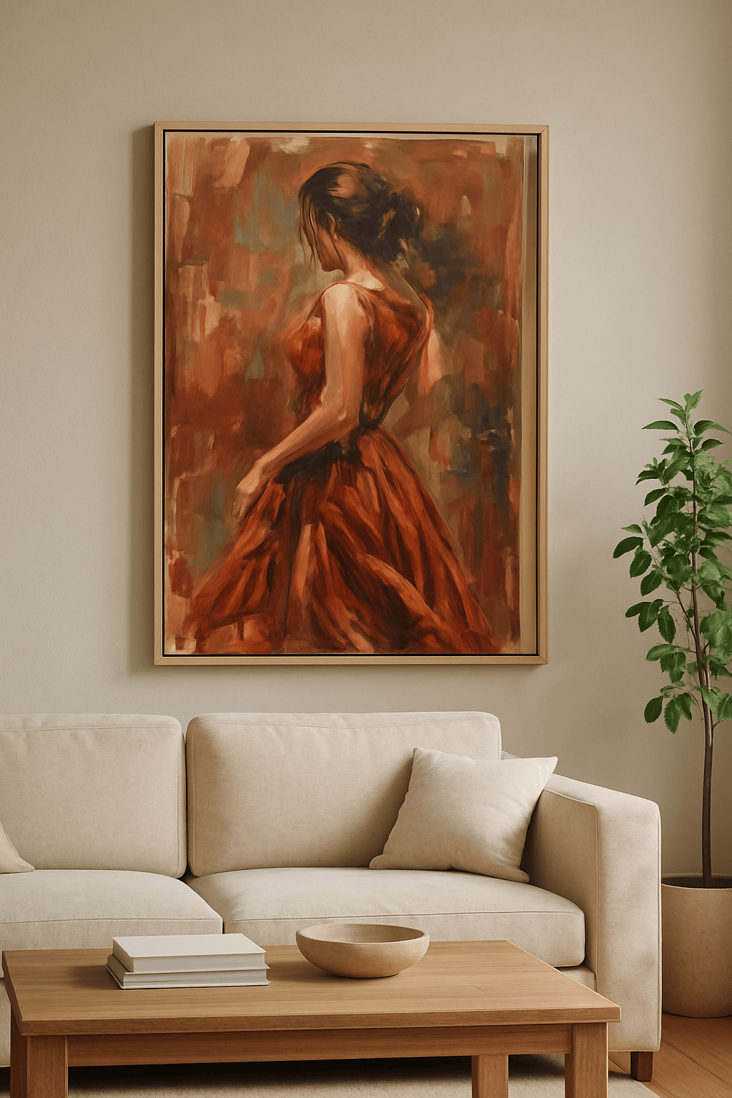 Vrouw in Oranje Schilderij — sfeerbeeld in interieur