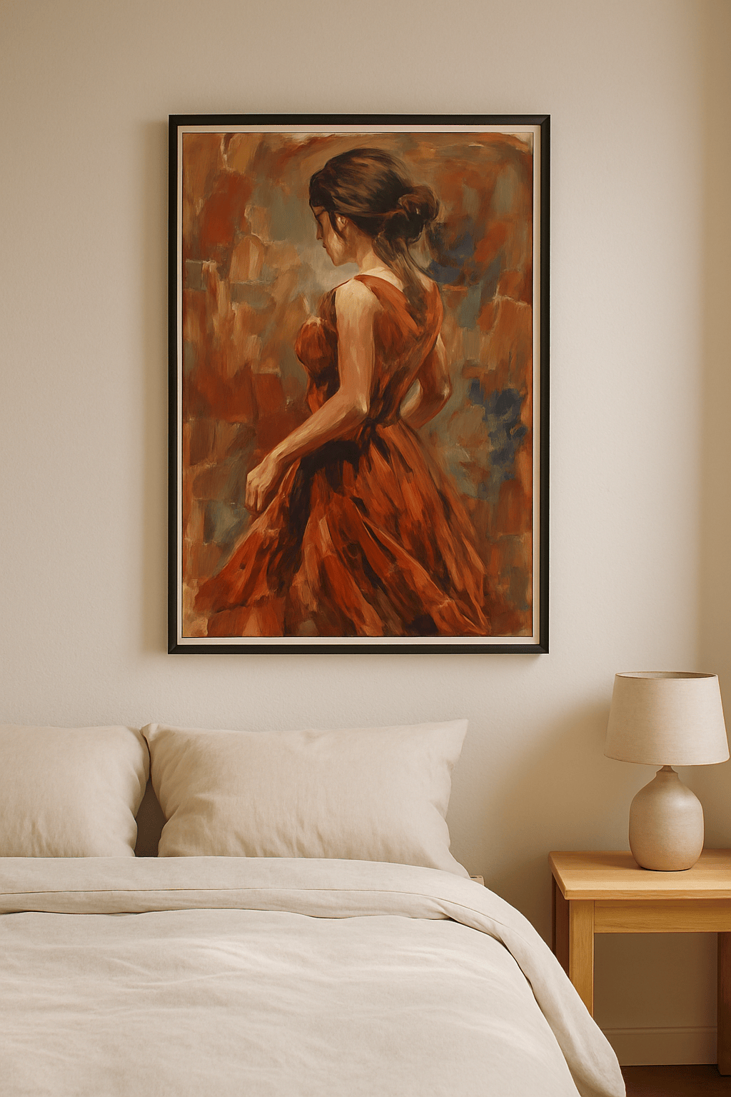 Vrouw in Oranje Schilderij — sfeerbeeld in interieur