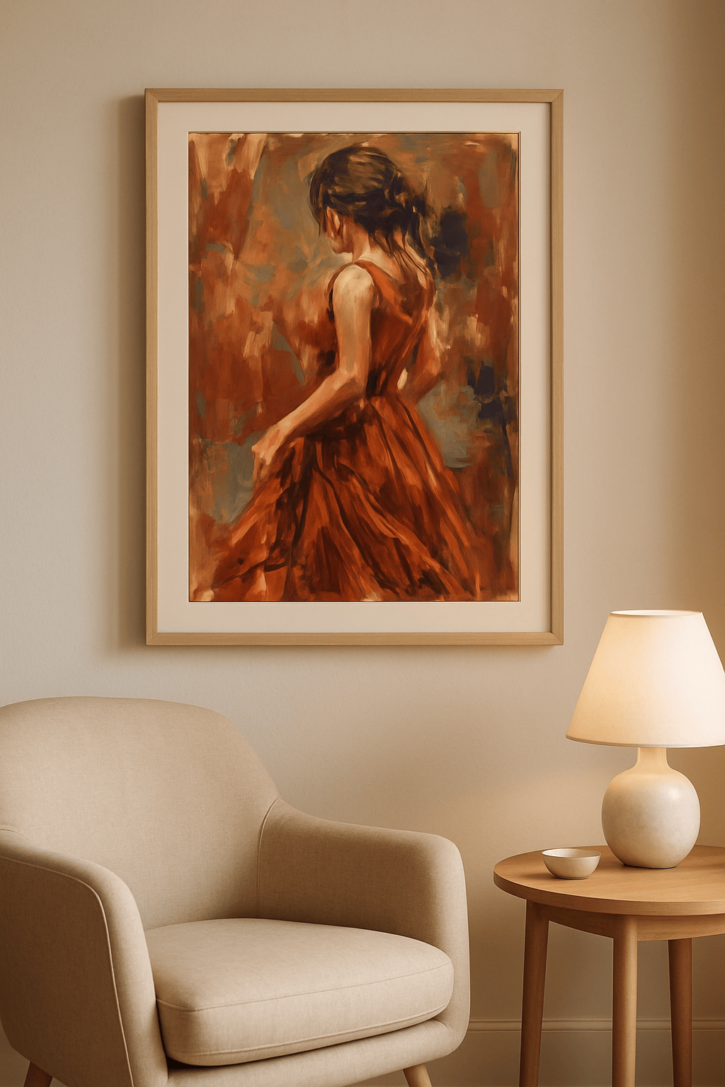 Vrouw in Oranje Schilderij — sfeerbeeld in interieur