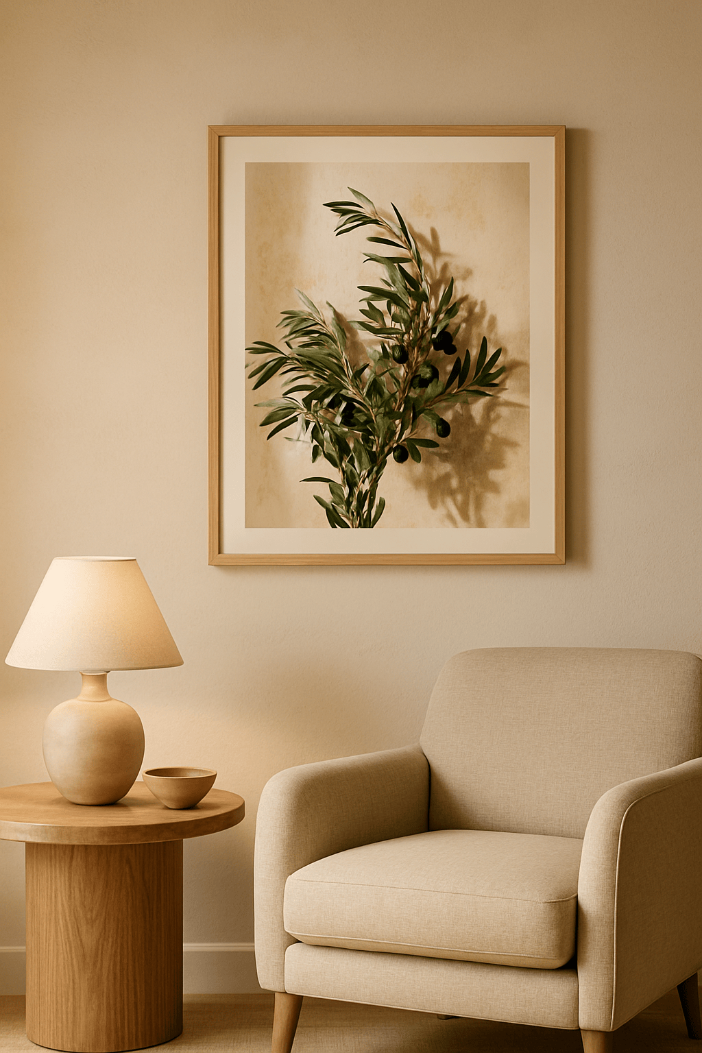 Olive Elegance Schilderij — sfeerbeeld in interieur