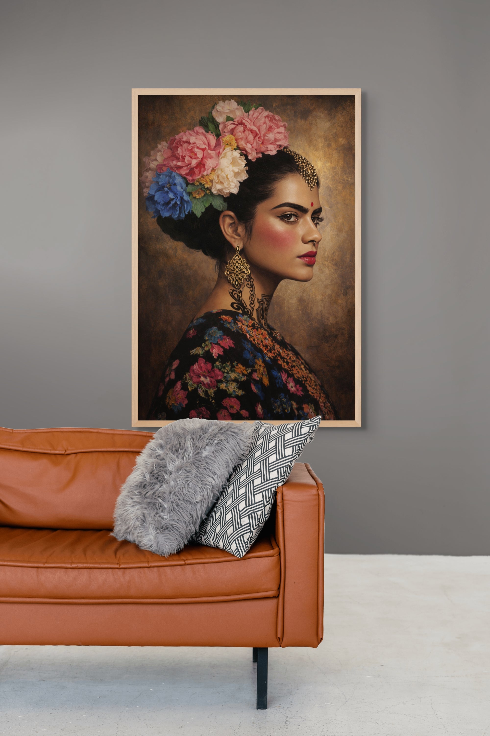 Bloemen Vrouw Portret Wanddecoratie Bombay – Kleurrijke Canvas Print