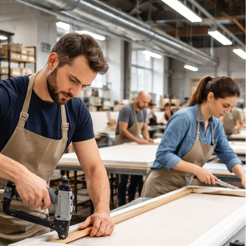 Medewerkers van Artifycanvas monteren houten fotolijsten in het atelier
