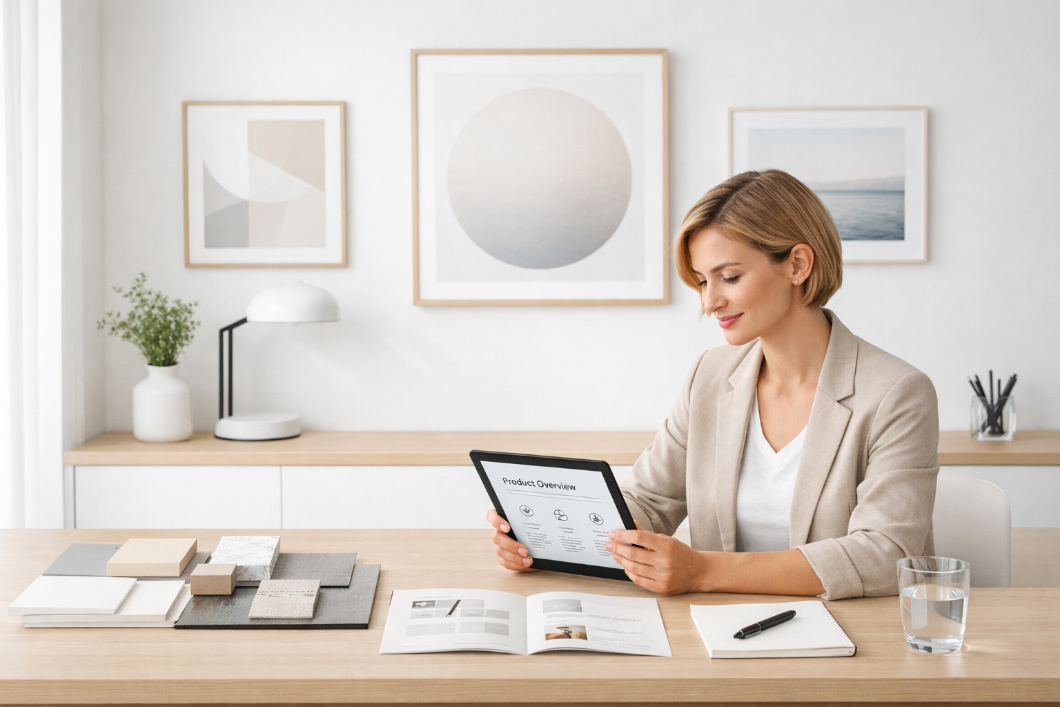 Vrouw aan een bureau met neutrale, abstracte ingelijste wanddecoratie aan de muur