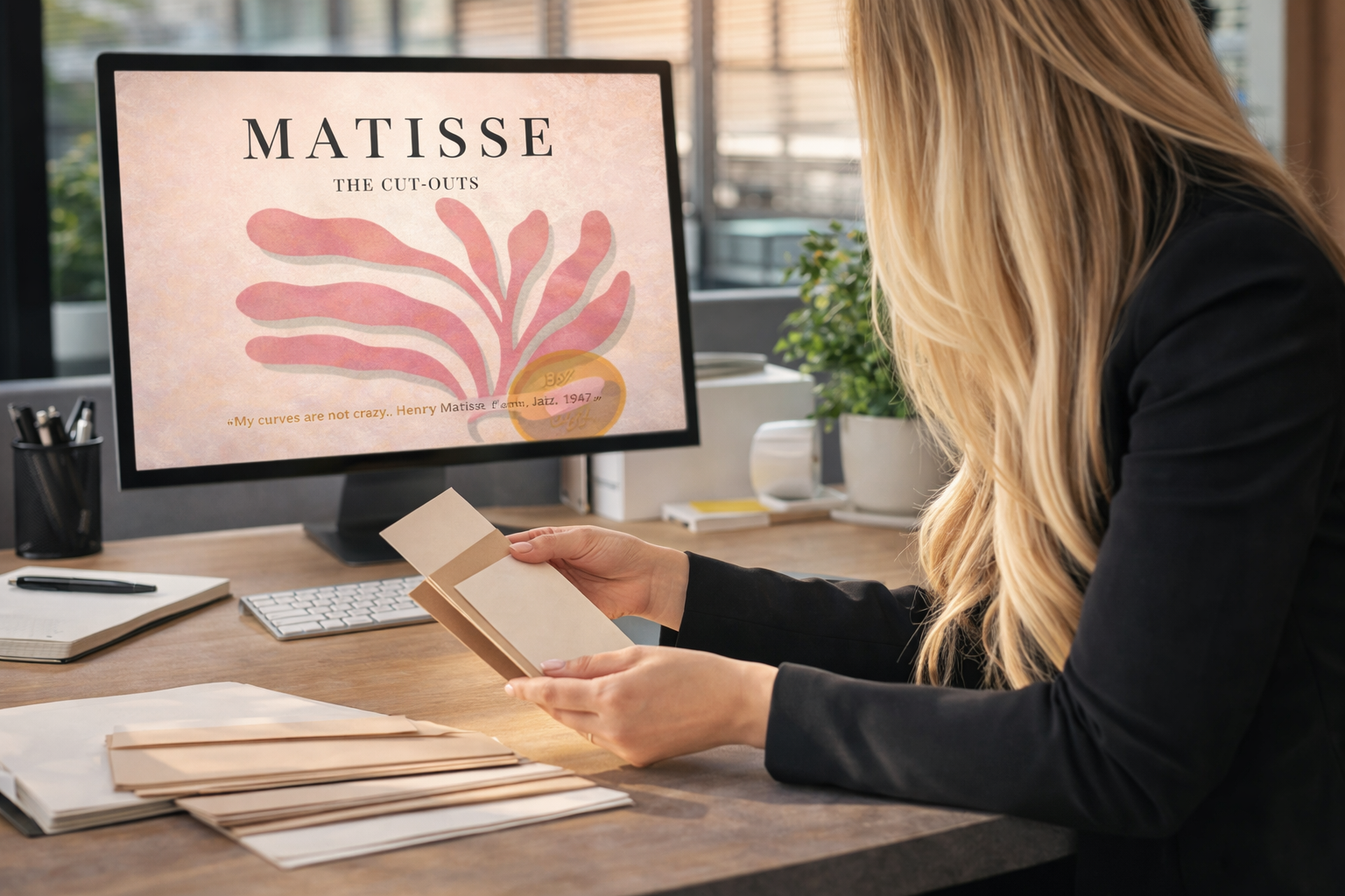 Vrouw bekijkt een Matisse-poster met wanddecoratie op een beeldscherm