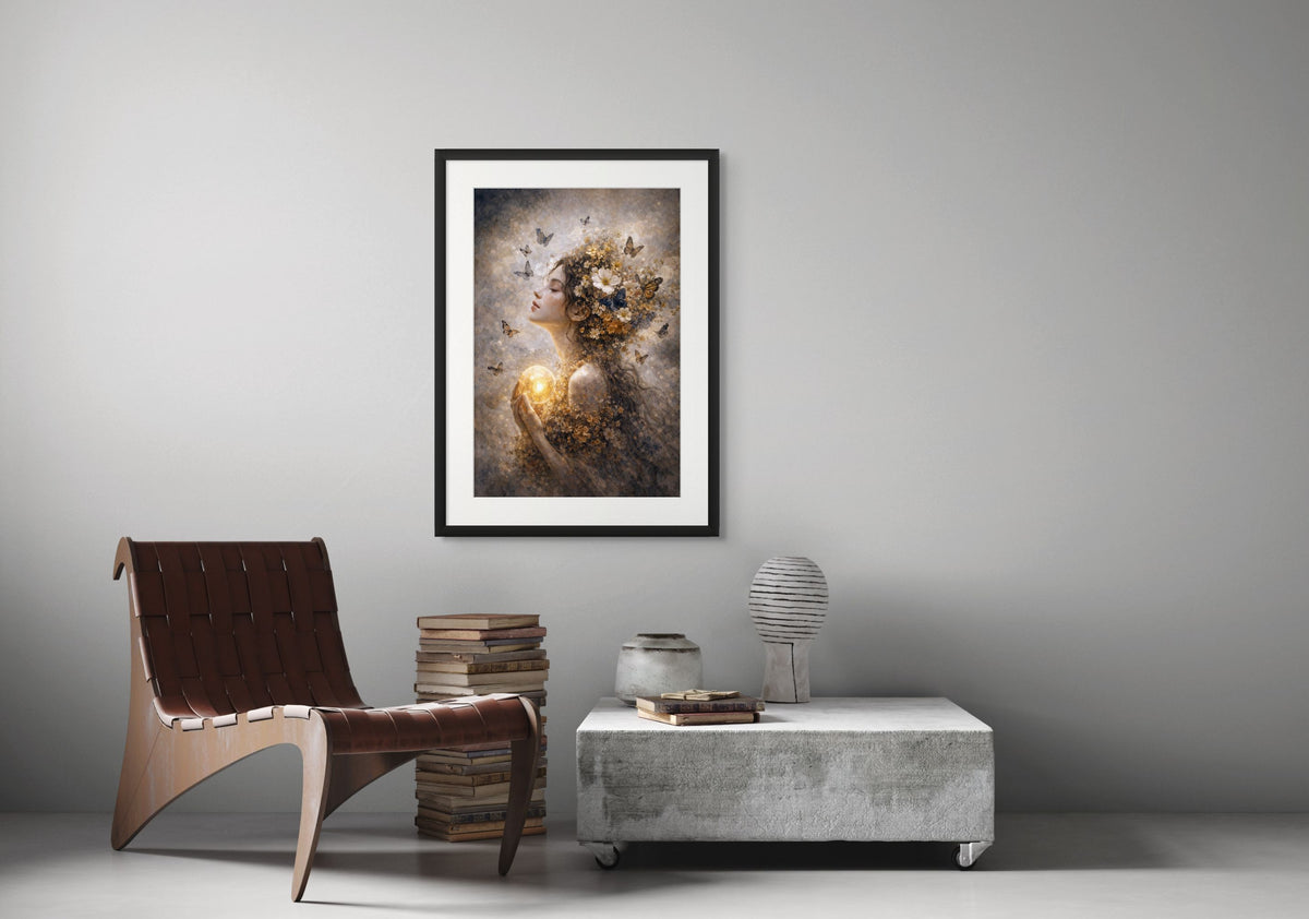 Ingelijste kunstprint van een vrouwengezicht met vlinders boven een salontafel