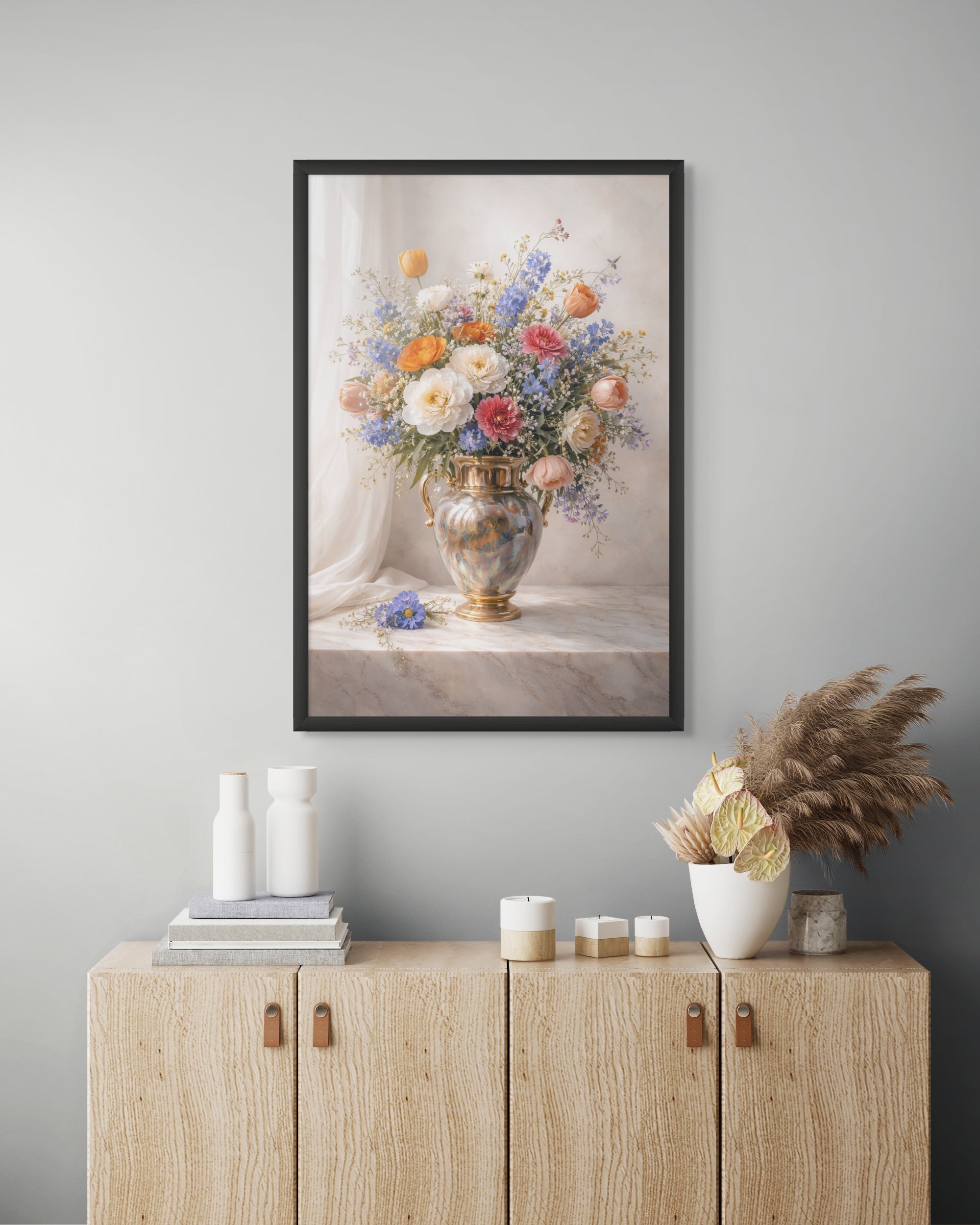 Bloemen Boeket Wanddecoratie Goud – Kleurrijke Canvas Woonkamer Print