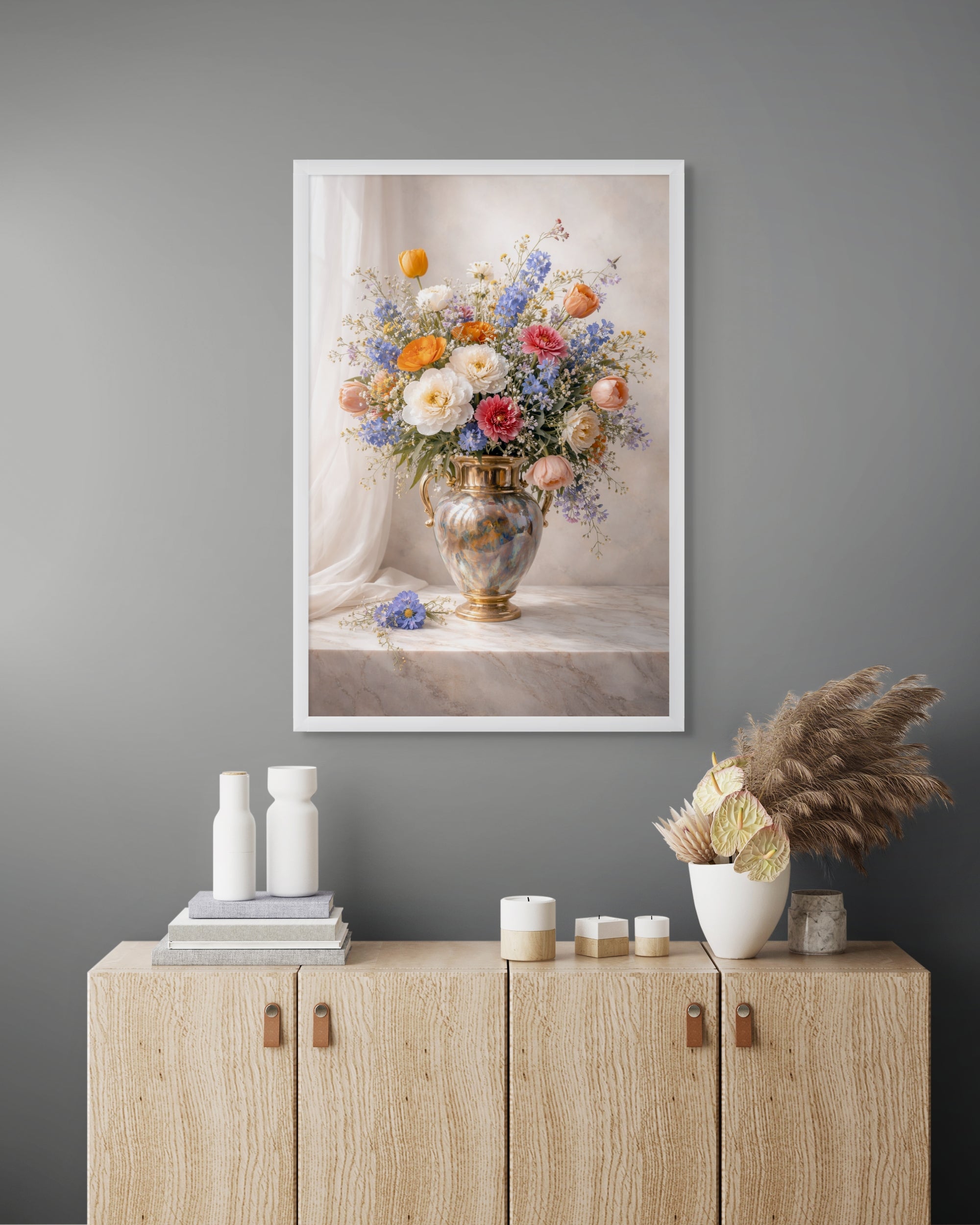 Bloemen Boeket Wanddecoratie Goud – Kleurrijke Canvas Woonkamer Print