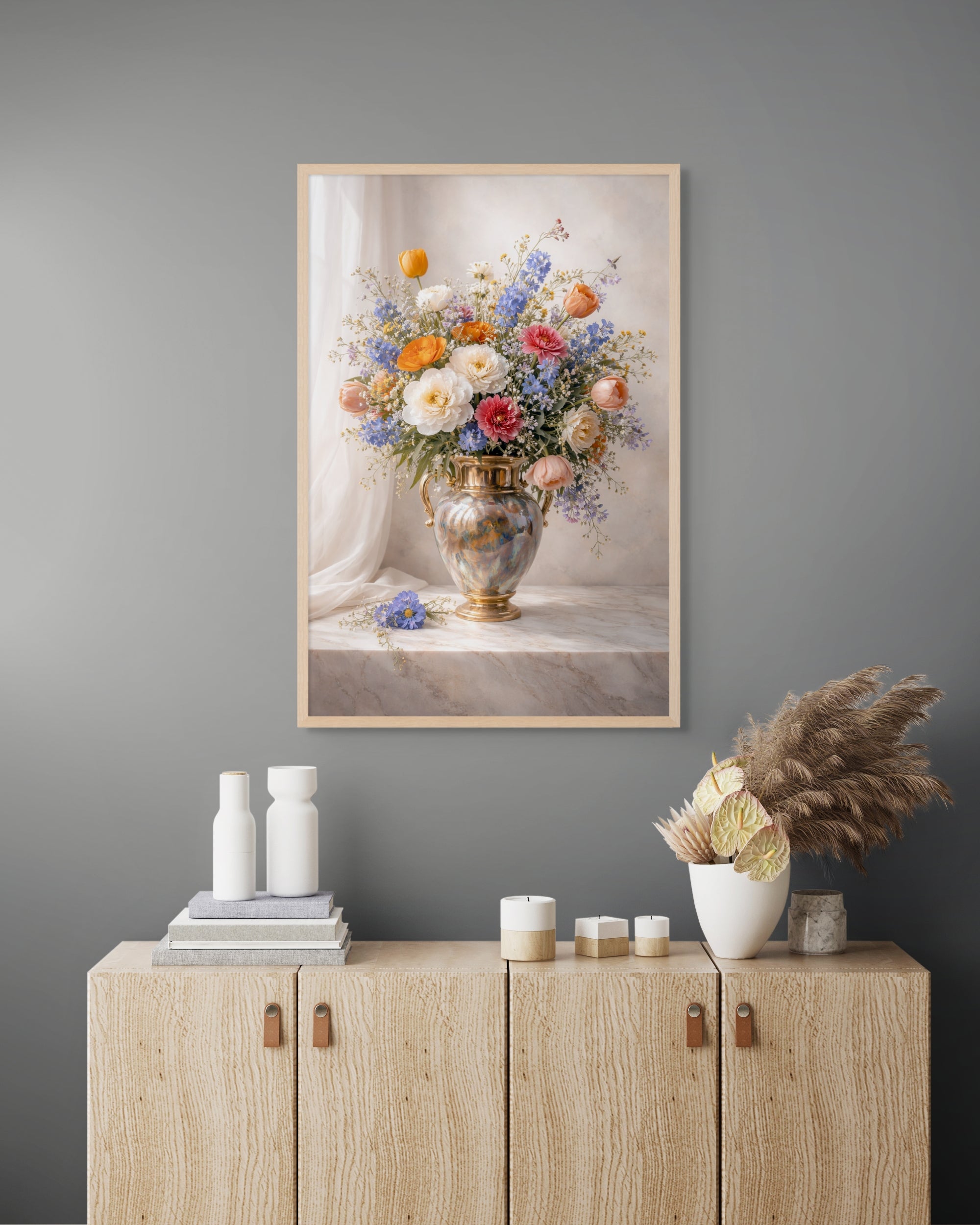 Bloemen Boeket Wanddecoratie Goud – Kleurrijke Canvas Woonkamer Print