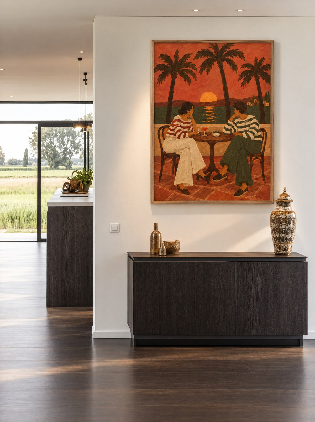 Gestreepte Truien aan Zee met natuur houten lijst aan de muur in de slaapkamer