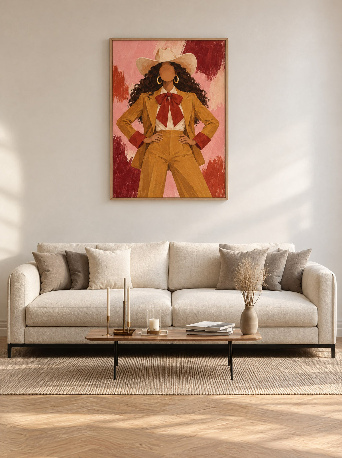 Cowgirl in Okergeel Pak met natuur houten lijst aan de muur in de slaapkamer