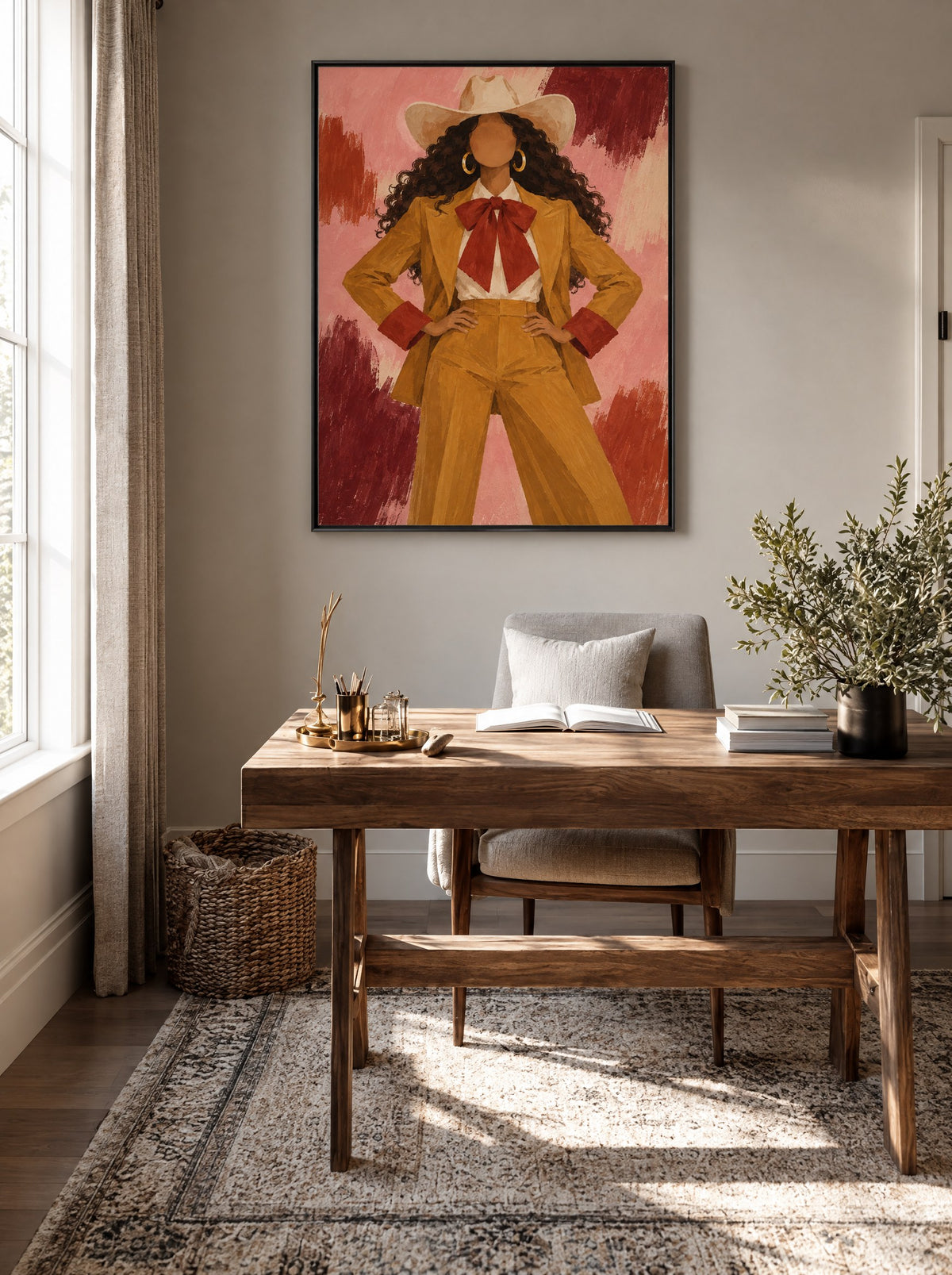Cowgirl in Okergeel Pak met zwarte lijst aan de muur in een warme woonkamer