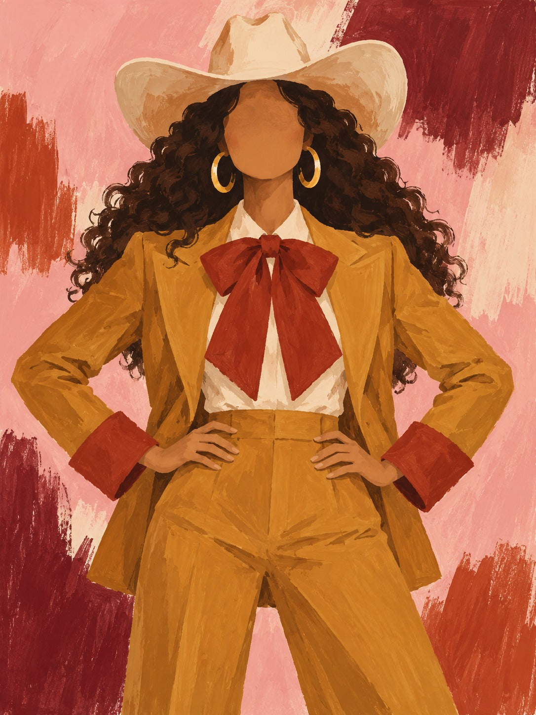 Schilderij van een vrouw zonder gezicht in een okergeel pak met cowboyhoed en rode strik voor een roze achtergrond met rode penseelstreken.