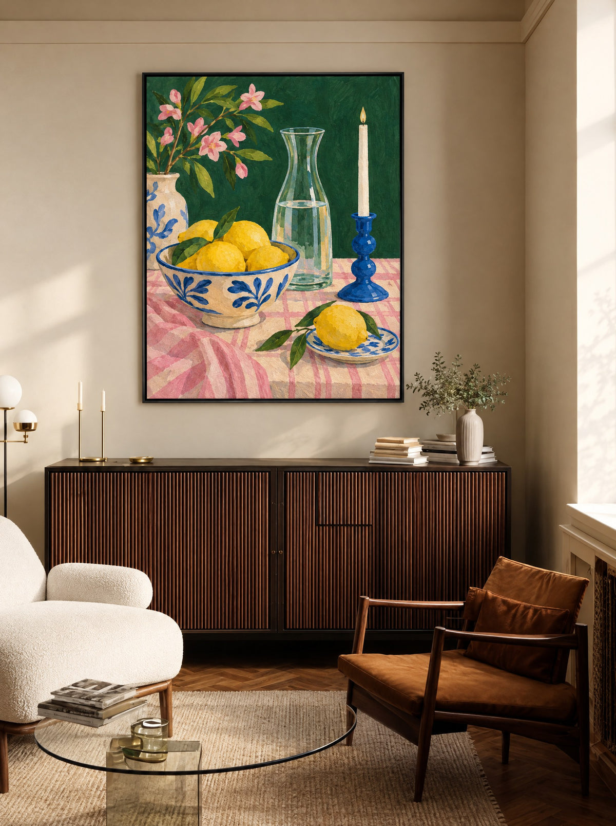 Citroenen, Karaf en Kaars met zwarte lijst aan de muur in een warme woonkamer