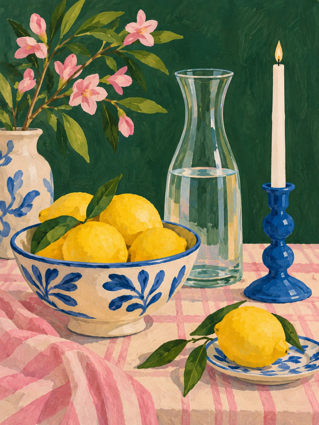 Schilderij van een stilleven met citroenen in een blauw-witte kom, een glazen karaf, een blauwe kaarsenstandaard en roze bloesem.