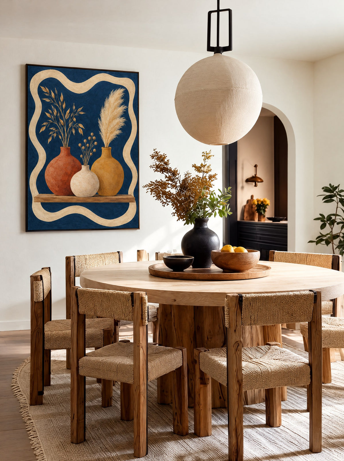 Drie Vazen op Marineblauw met zwarte lijst aan de muur in een warme woonkamer