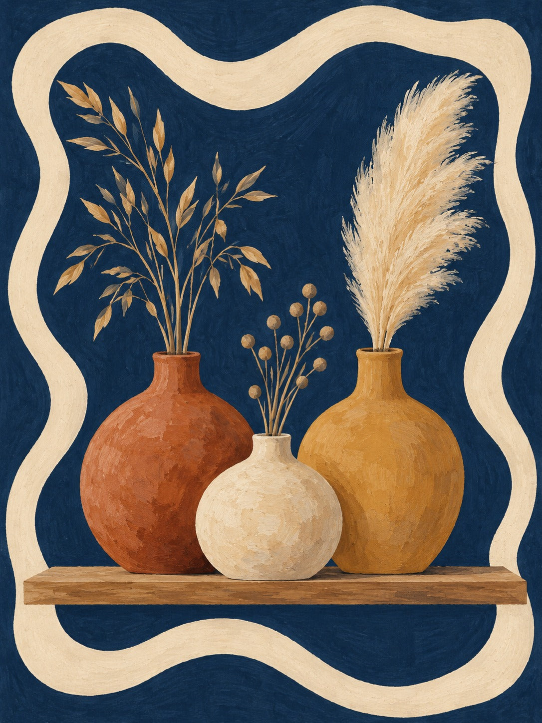Schilderij van drie ronde vazen met droge takken en pampaspluimen op een houten plank voor een marineblauwe achtergrond met golvende rand.