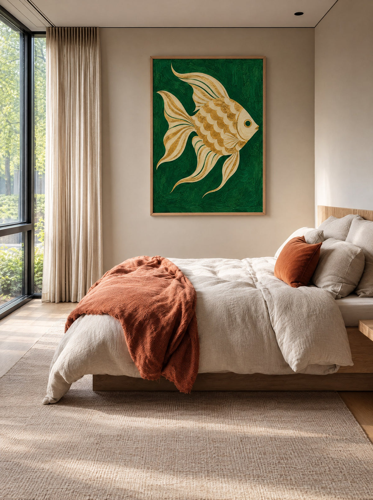 Gouden Vis op Smaragd met natuur houten lijst aan de muur in de slaapkamer