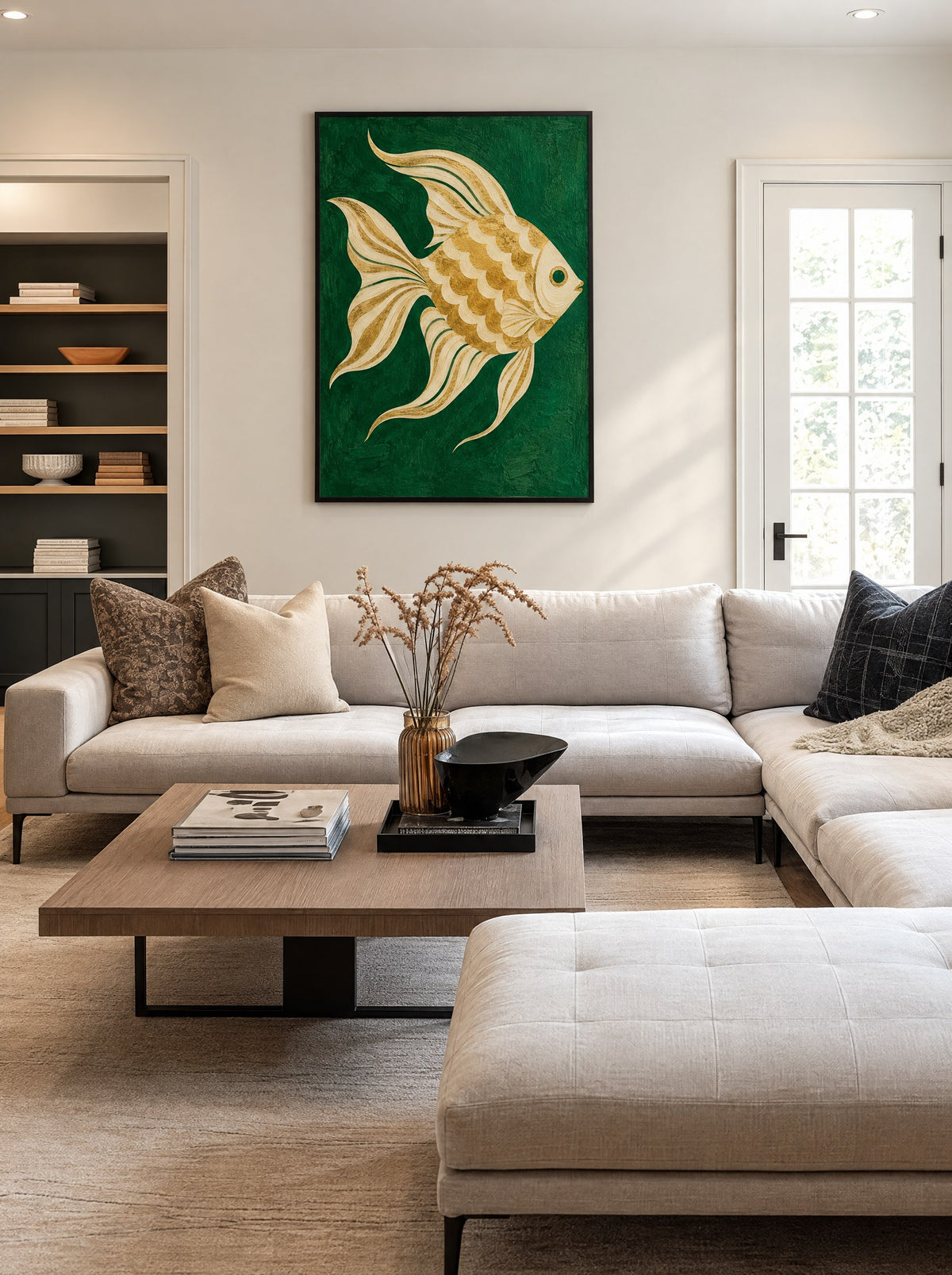 Gouden Vis op Smaragd met zwarte lijst aan de muur in een warme woonkamer