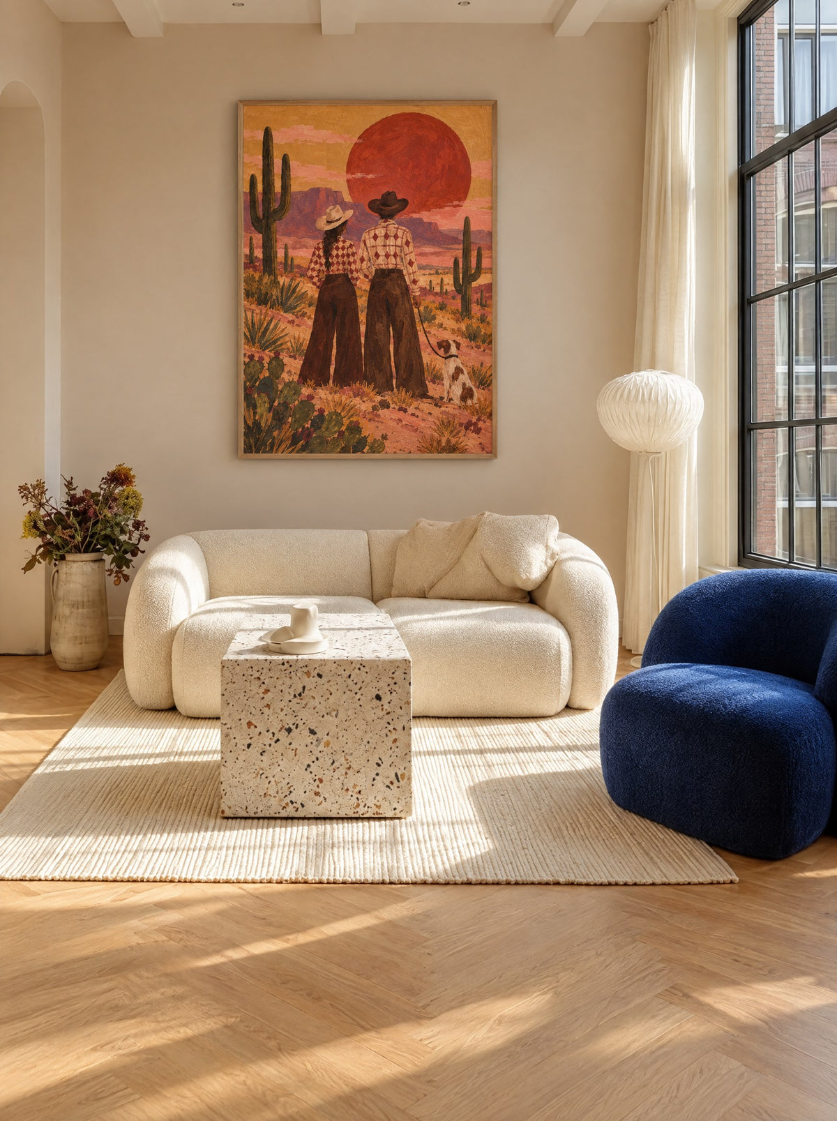 Woestijnwandeling bij Rode Zon met natuur houten lijst aan de muur in de slaapkamer