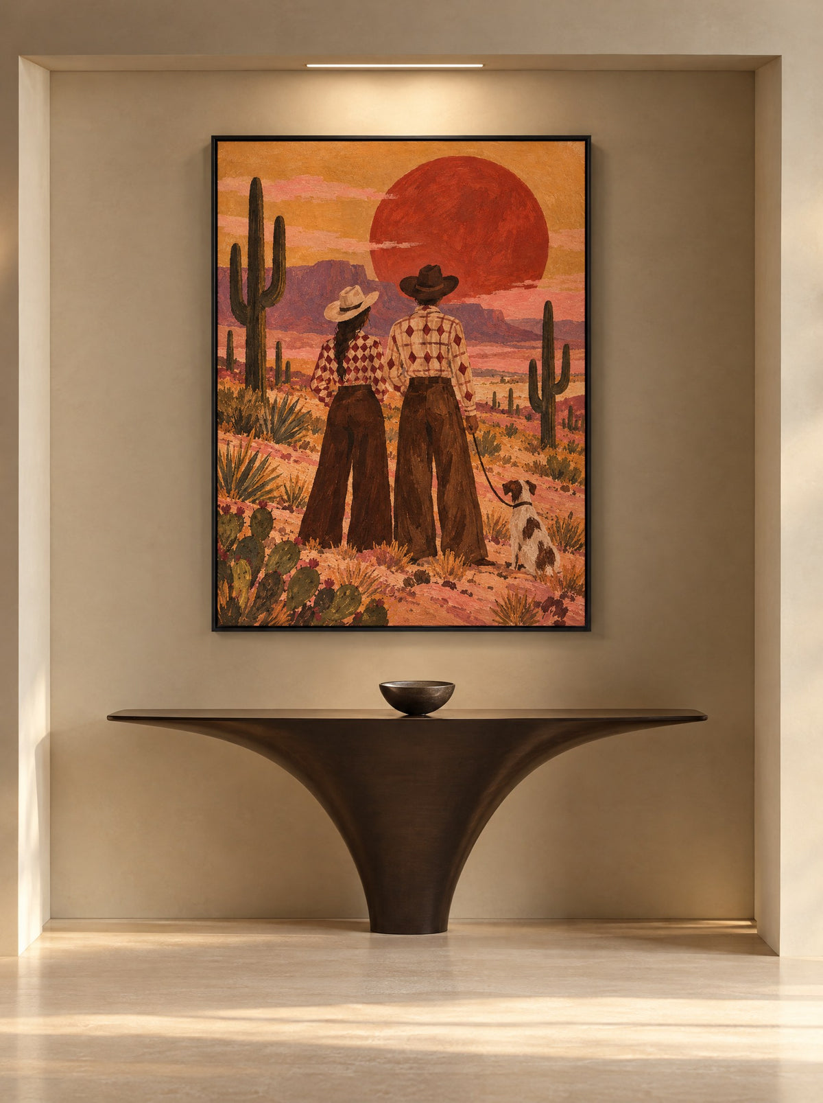 Woestijnwandeling bij Rode Zon met zwarte lijst aan de muur in een warme woonkamer