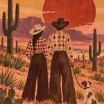 Schilderij van twee mensen met cowboyhoeden en een hond in een woestijn met cactussen en een grote rode zon.