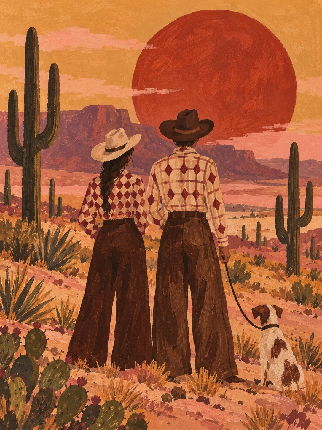 Schilderij van twee mensen met cowboyhoeden en een hond in een woestijn met cactussen en een grote rode zon.