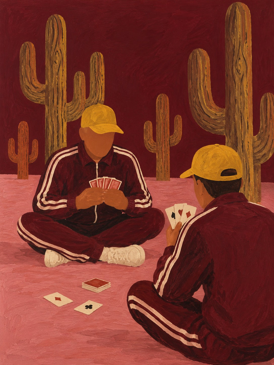 Schilderij van twee mannen in bordeauxrode trainingspakken en gele petten die kaartspelen tussen grote cactussen.