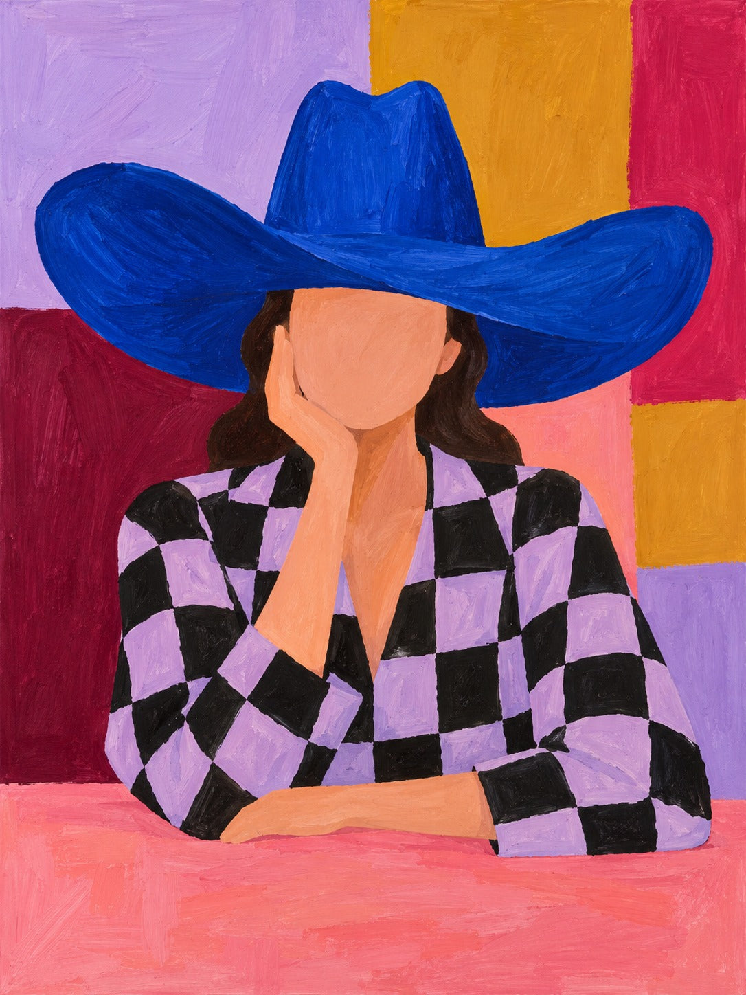 Schilderij van een vrouw zonder gezicht met een grote blauwe hoed en een zwart-lila geruit jasje voor gekleurde vlakken.