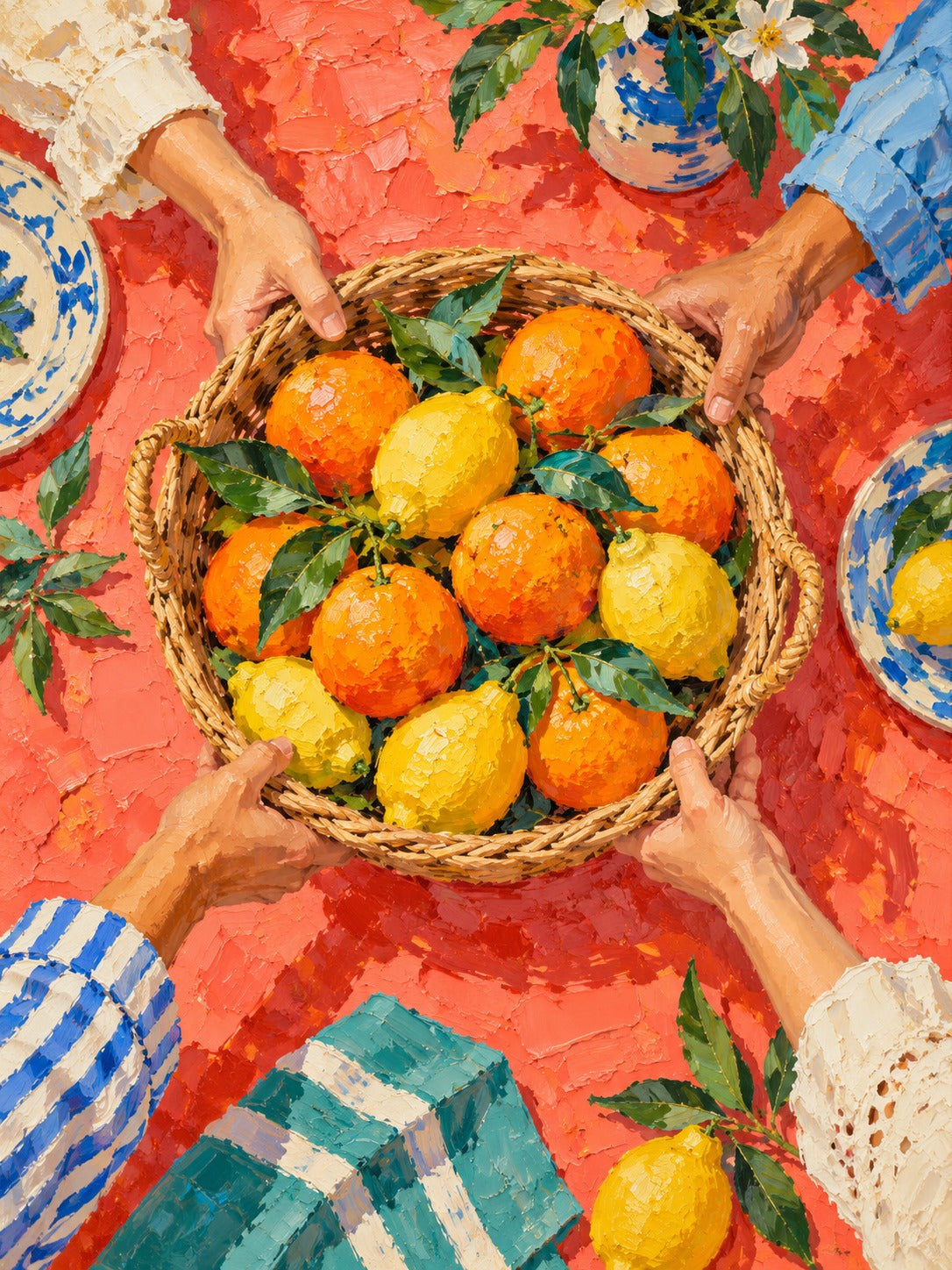 Schilderij van vier handen rond een rieten mand met sinaasappels en citroenen op een rode tafel met blauw-wit servies.