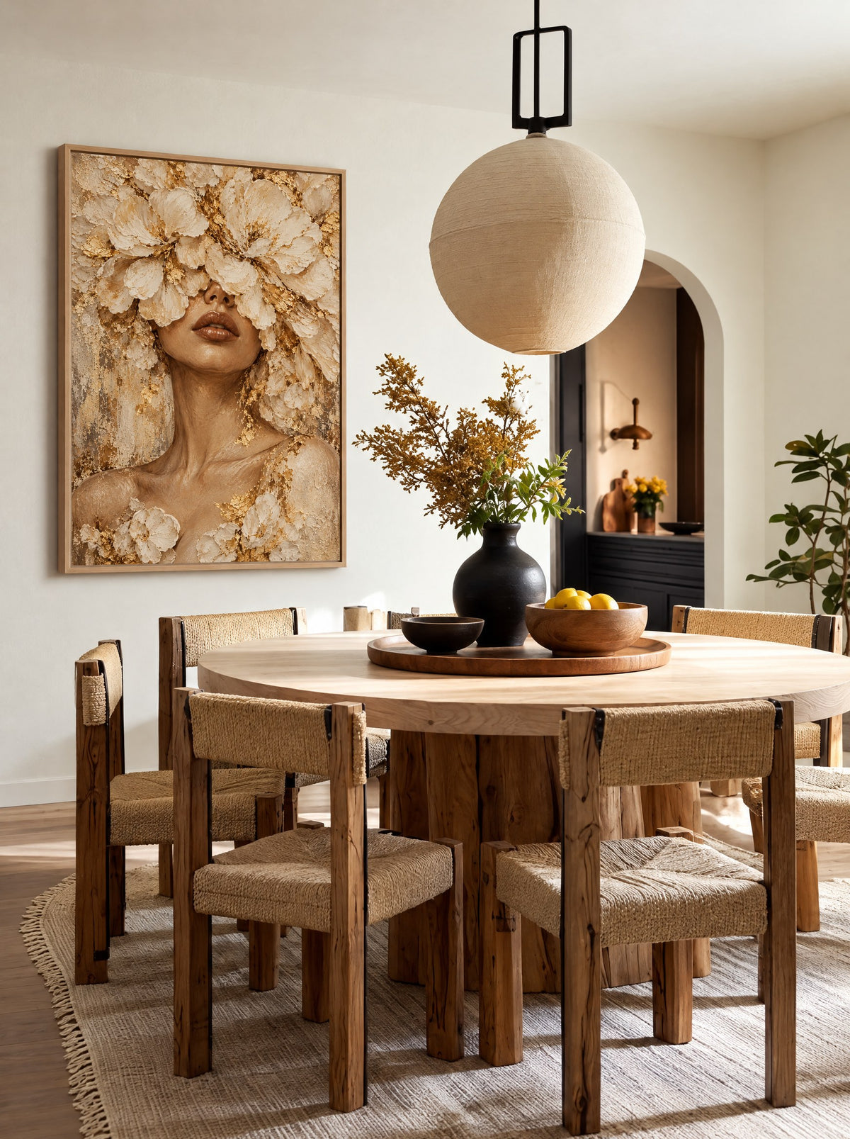Bloemenhoofd met Bladgoud met natuur houten lijst aan de muur in de slaapkamer