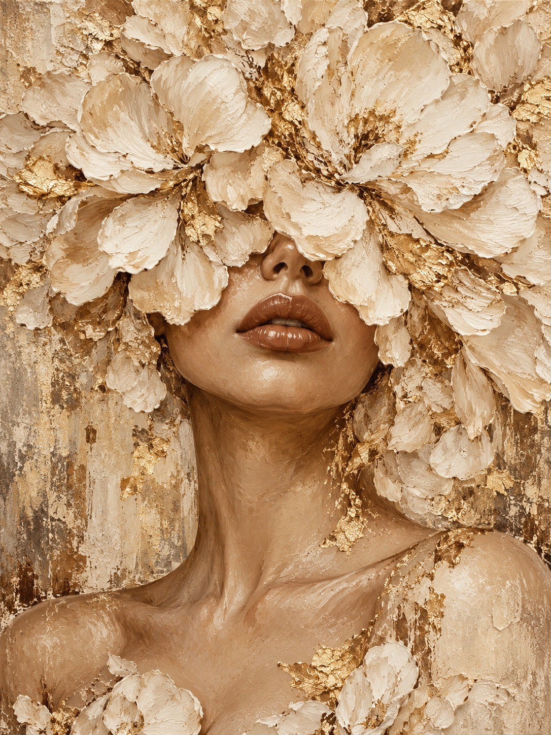Schilderij van een vrouw wier ogen verborgen zijn onder grote crèmekleurige bloemen met bladgoud, met zichtbare lippen en schouders.