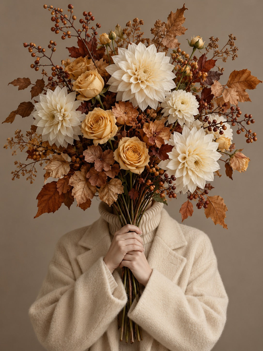 Beeld van een persoon in een crèmekleurige wollen jas die een groot herfstboeket met dahlia's, rozen en bessen voor het gezicht houdt.