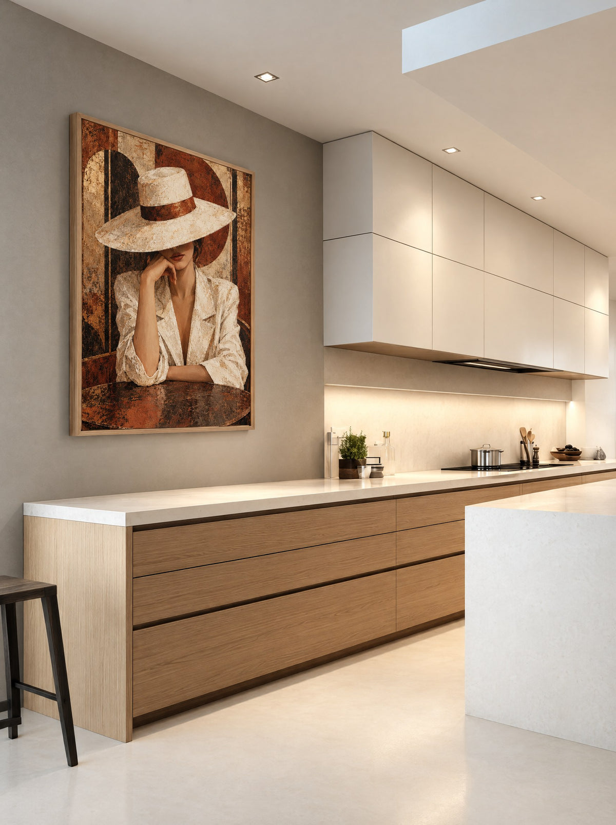 Dame met Witte Hoed aan Tafel met natuur houten lijst aan de muur in de slaapkamer