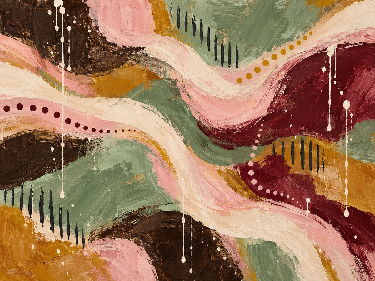 Abstract schilderij met golvende verfbanen in salie, roze, bordeaux en oker met rijen stippen en zwarte streepjes.