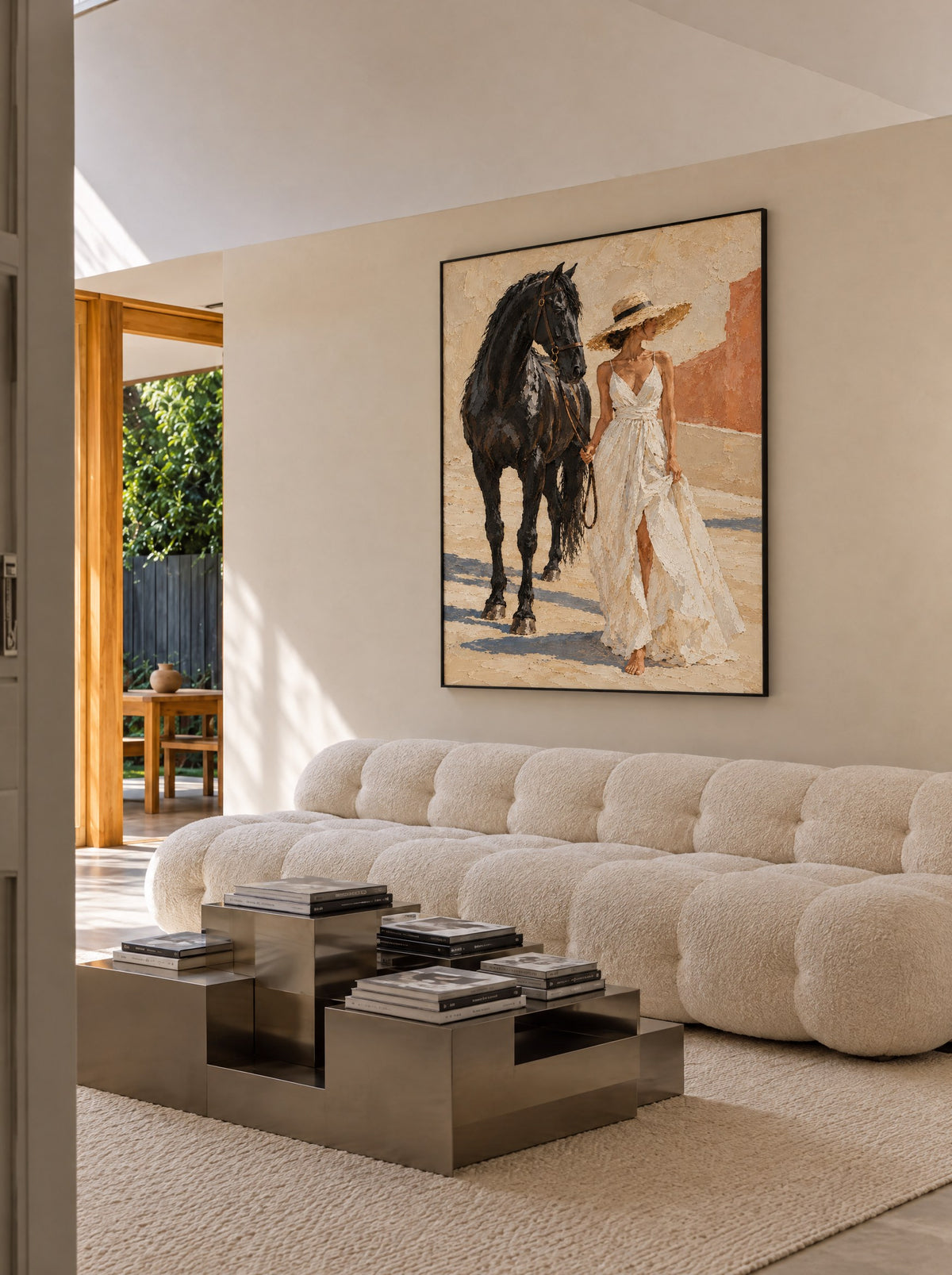 Vrouw en Zwart Paard met zwarte lijst aan de muur in een warme woonkamer