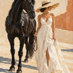 Schilderij van een vrouw in witte jurk en strohoed die een zwart paard over een zonnig plein leidt.