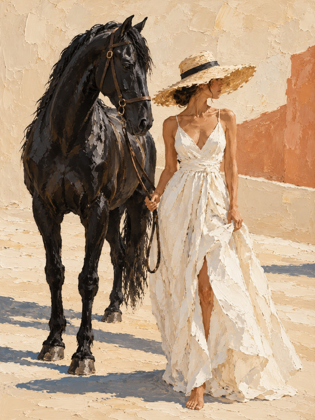 Schilderij van een vrouw in witte jurk en strohoed die een zwart paard over een zonnig plein leidt.