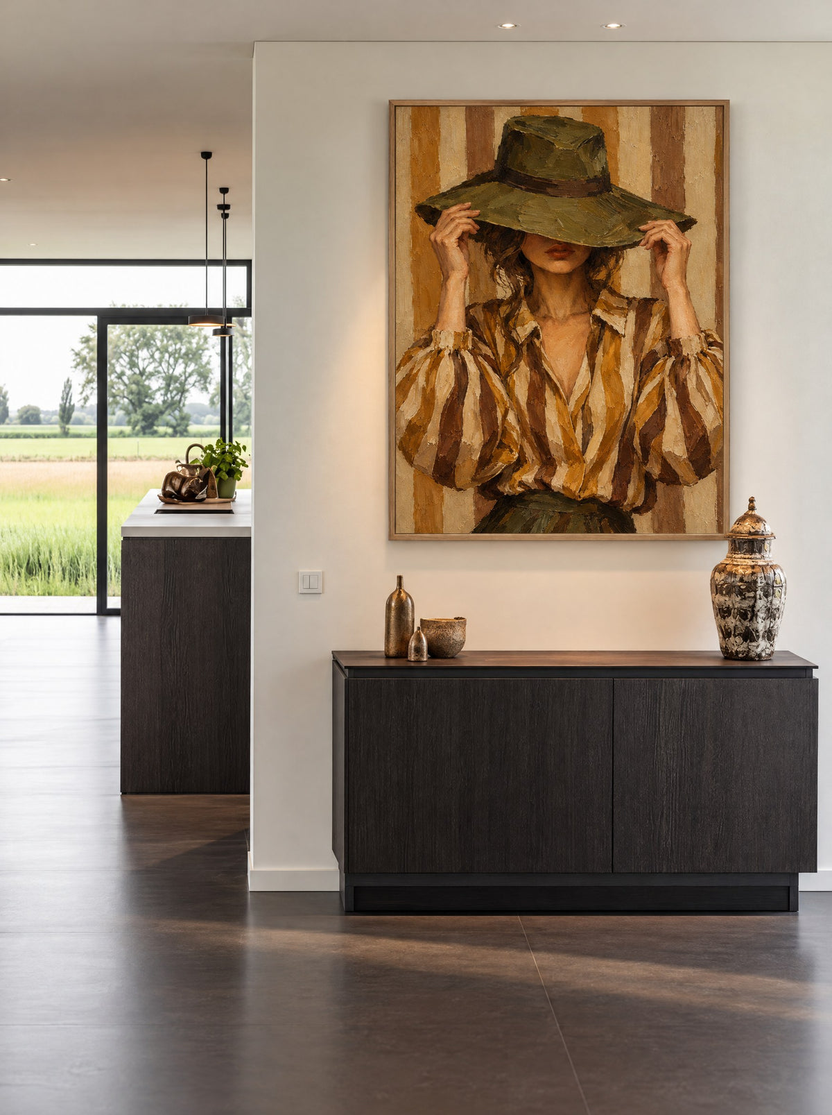 Olijfgroene Hoed en Strepen met natuur houten lijst aan de muur in de slaapkamer
