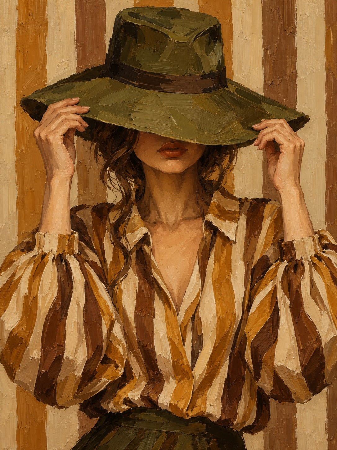 Schilderij van een vrouw met olijfgroene hoed en gestreepte blouse in oker en bruin voor een verticaal gestreepte achtergrond.