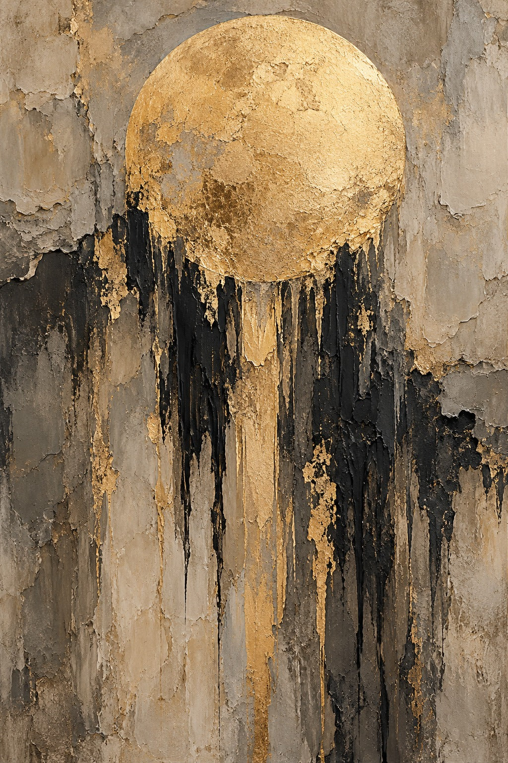 Abstract schilderij met een grote gouden schijf en neerdruipende zwarte en gouden verf op een ruw grijs-beige oppervlak.