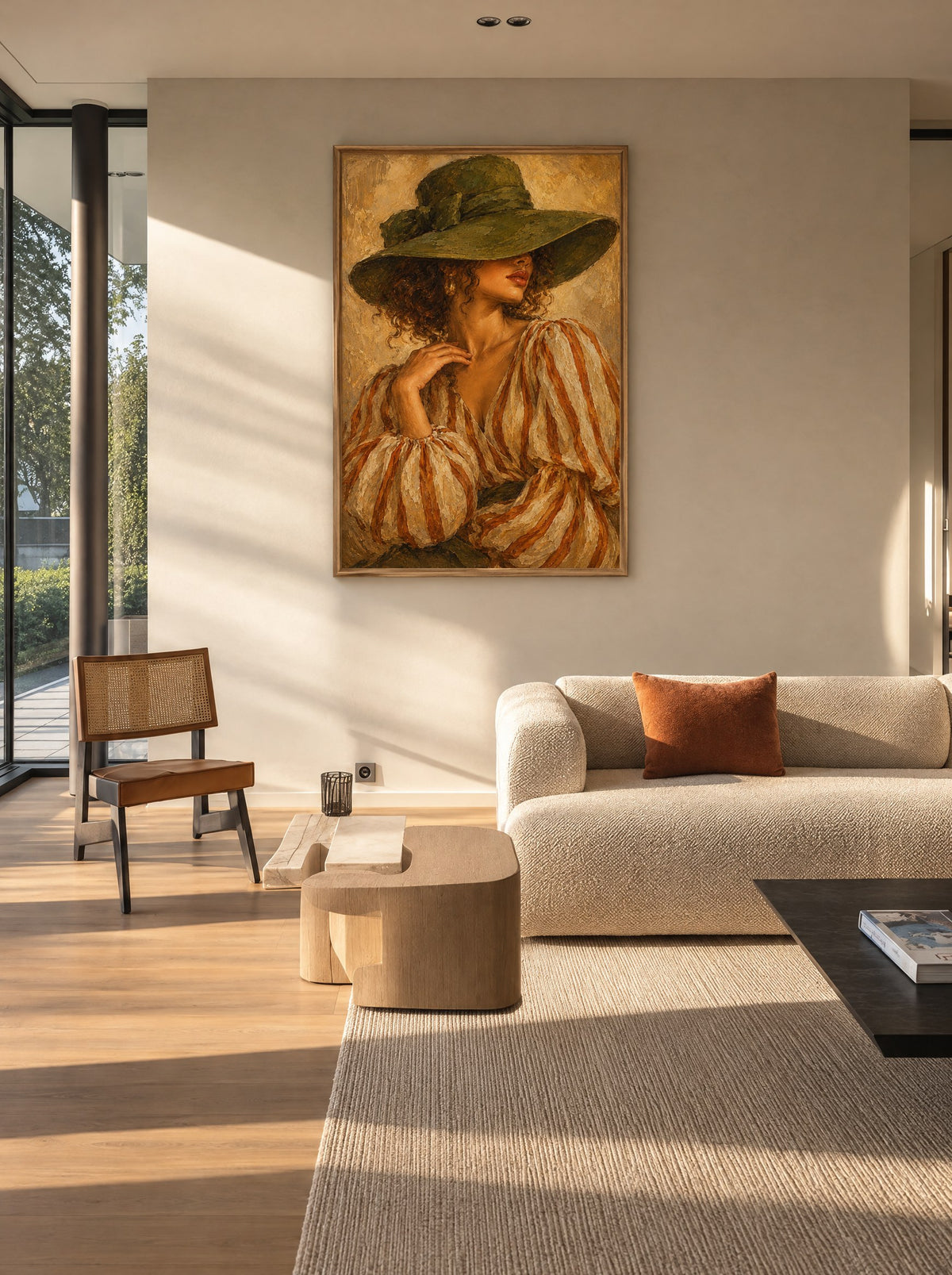 Krullen onder Groene Hoed met natuur houten lijst aan de muur in de slaapkamer