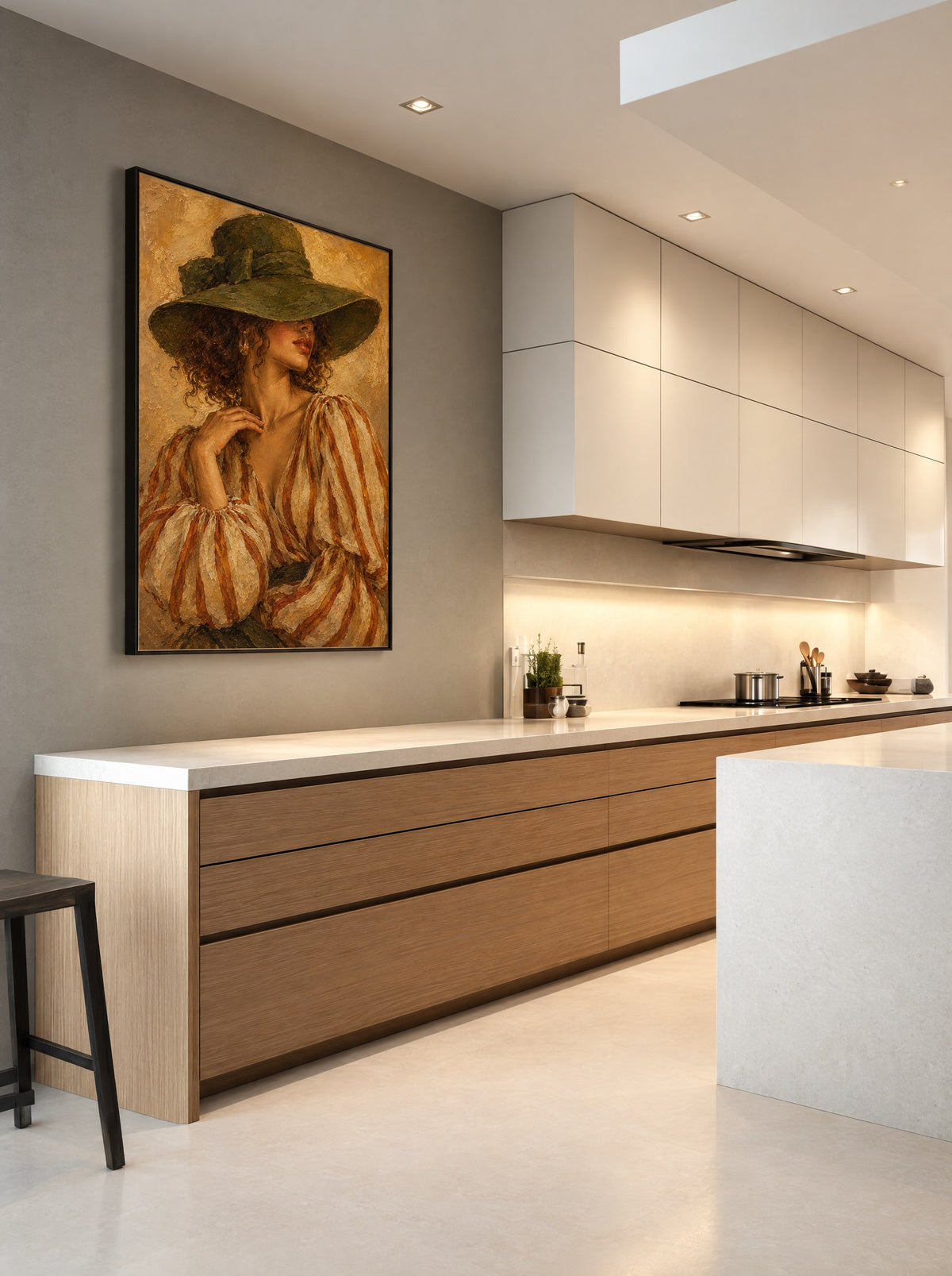 Krullen onder Groene Hoed met zwarte lijst aan de muur in een warme woonkamer