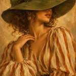 Schilderij van een vrouw met bruine krullen, een brede groene hoed en een gestreepte blouse voor een gouden achtergrond.